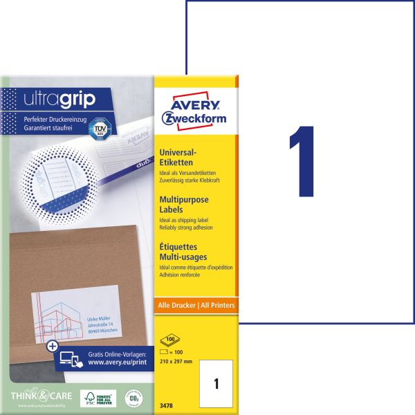 AVERY ZWECKFORM Universal-Etiketten 210x297mm 3478 weiss 100 Stk./100 Blatt