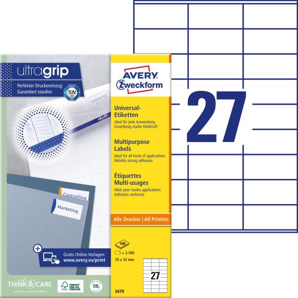 AVERY ZWECKFORM Universal-Etiketten 70x32mm 3479 weiss 2700 Stk./100 Blatt