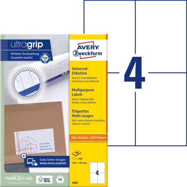 AVERY ZWECKFORM Universal-Etiketten 105x148mm 3483 weiss 400 Stk./100 Blatt