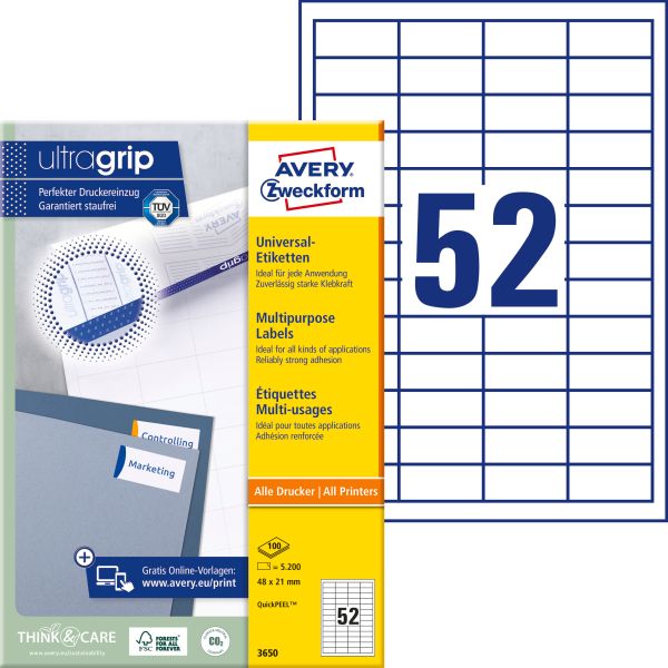 AVERY ZWECKFORM Etiketten 48x21mm 3650 weiss 5200 Stk./100 Blatt