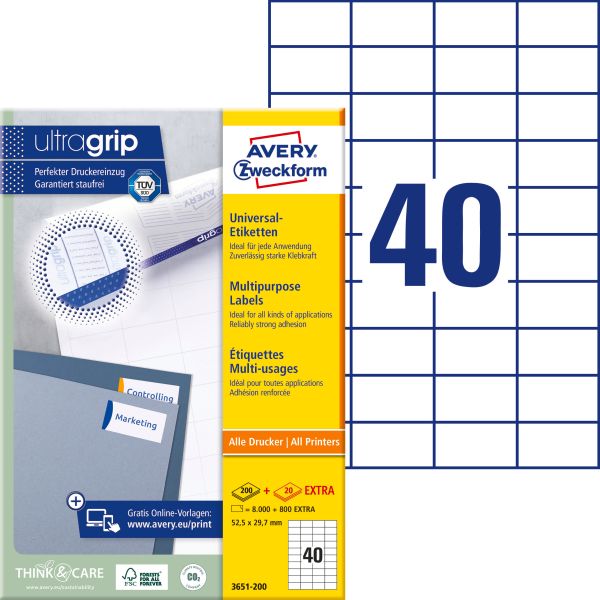 AVERY ZWECKFORM Etiketten 52,5×29,7mm 3651-200 weiss 8800 Stk./200+20 Blatt