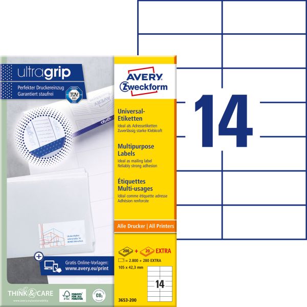 AVERY ZWECKFORM Etiketten 105x42,3mm 3653-200 weiss 3080 Stk./200+20 Blatt