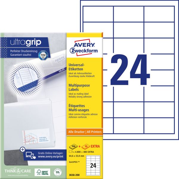 AVERY ZWECKFORM Etiketten 64,6x33,8mm 3658-200 weiss 5280 Stk./200+20 Blatt