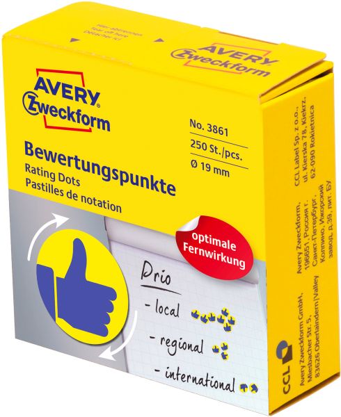 AVERY ZWECKFORM Bewertungspunkte Daumen 19mm 3861 gelb, Spender 250 Stück