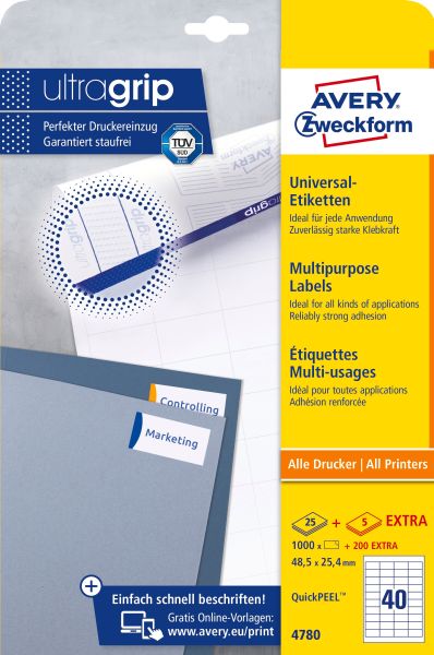 AVERY ZWECKFORM Etiketten (1000 Stück) A4 4780 weiss 1200 Stk./25 + 5 Blatt