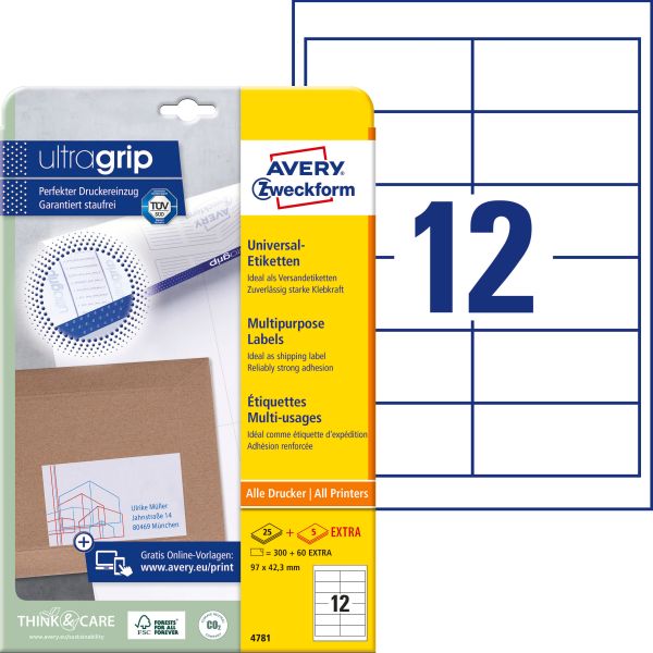 AVERY ZWECKFORM Universal-Etiketten 97x42.3mm 4781 weiss 360 Stk./25 + 5 Blatt