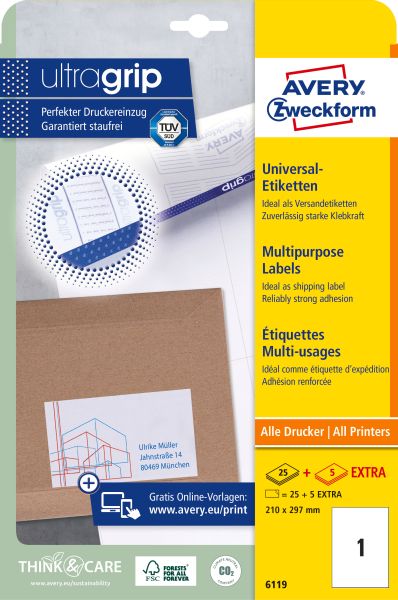 AVERY ZWECKFORM Universal-Etikett. 210x297mm 6119 weiss 30 Stk./25 + 5 Blatt