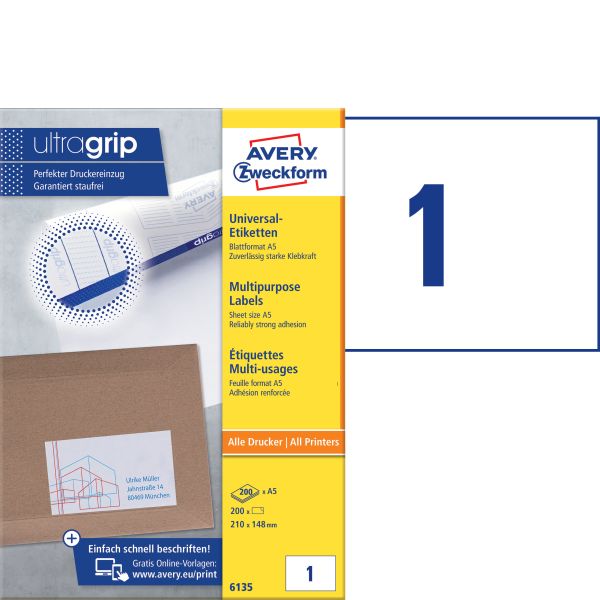 AVERY ZWECKFORM Universal Etiketten 210x148mm 6135 weiss 200 Stk./200 Blatt