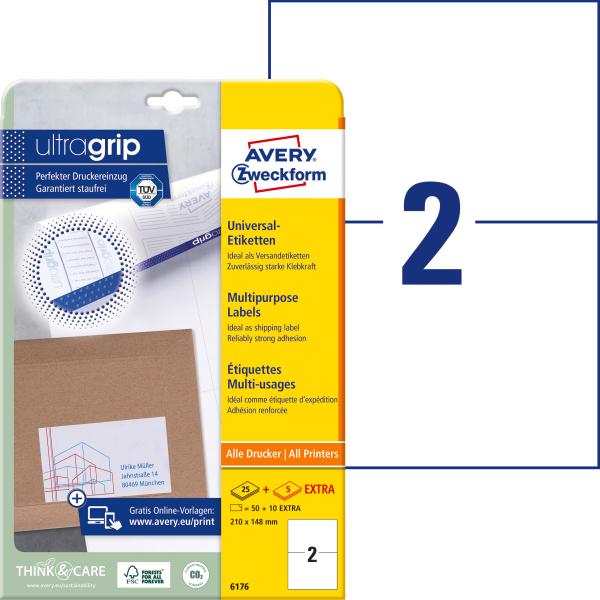 AVERY ZWECKFORM Universaletiketten 210x148mm 6176 weiss 60 Stk./25 + 5 Blatt