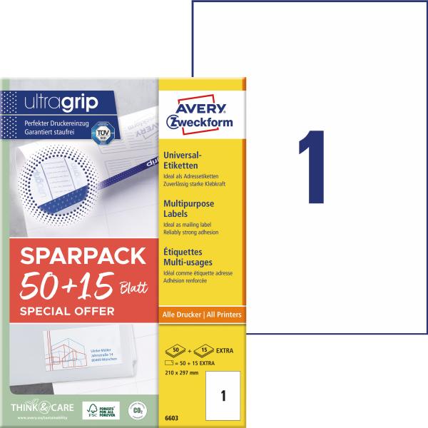 AVERY ZWECKFORM Universal-Etiketten 210x297mm 6603Z weiss 65 Stk./65 Blatt