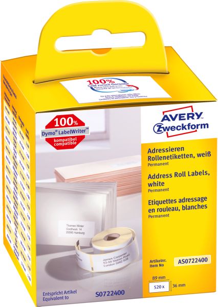 AVERY ZWECKFORM Adress-Etiketten 89x36mm AS0722400 weiss, Rolle 2x260 Stück