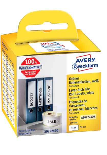 AVERY ZWECKFORM Ordner-Etiketten 190x38mm AS0722470 weiss, Rolle 110 Stück