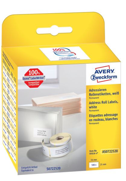 AVERY ZWECKFORM Adress-Etiketten 54x25mm AS0722520 weiss, Rolle 500 Stück