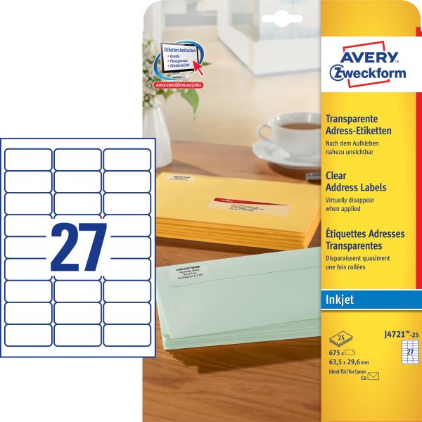 AVERY ZWECKFORM Etiketten 63,5x29,6mm J4721-25 transparent 675 Stück