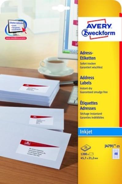 AVERY ZWECKFORM Adressetiketten 45,7x21,2mm J4791-25 InkJet, weiss 1200 Stk./25 Bl.