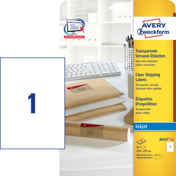 AVERY ZWECKFORM Etiketten 210x297mm J8567-25 transparent 25 Stück