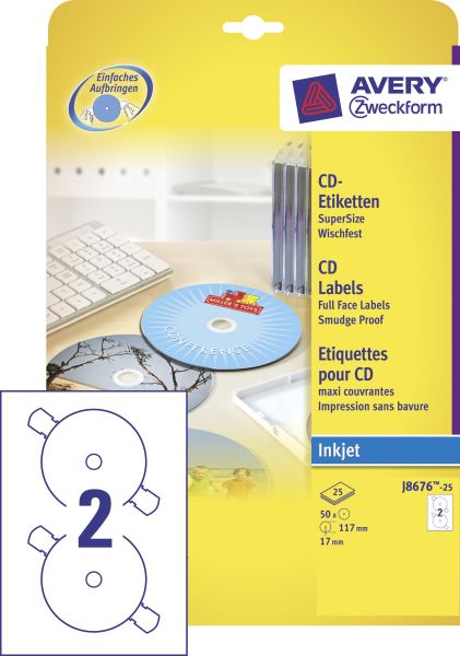 AVERY ZWECKFORM CD-Etiketten SuperSize 117mm J8676-25 InkJet, weiss 50 Stk./25 Bl.