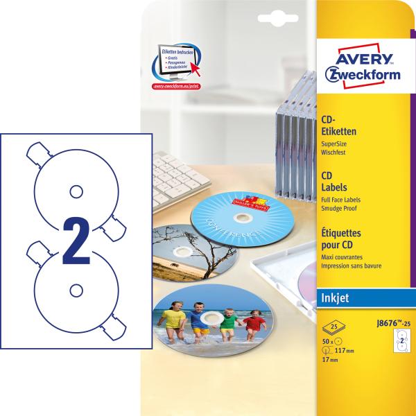 AVERY ZWECKFORM CD-Etiketten SuperSize 117mm J8676-25 InkJet, weiss 50 Stk./25 Bl.