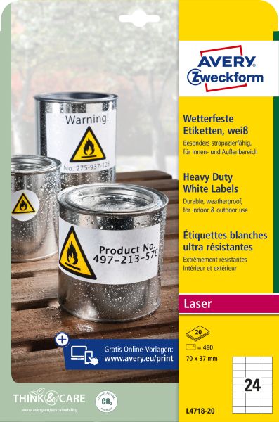 AVERY ZWECKFORM Etiketten Laser 70x37mm L471820 weiss, wetterfest 20 Blatt