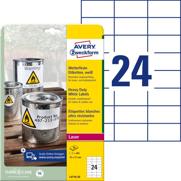 AVERY ZWECKFORM Etiketten Laser 70x37mm L471820 weiss, wetterfest 20 Blatt