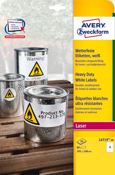 AVERY ZWECKFORM Etiketten Laser 105x148mm L471920 weiss, wetterfest 20 Blatt