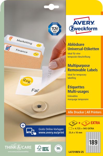 AVERY ZWECKFORM Universal-Etiketten 25.4x10mm L4731REV-25 weiss 5670 Stk./25 + 5 Blatt