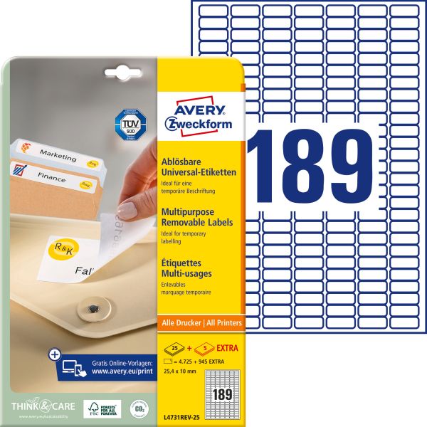 AVERY ZWECKFORM Universal-Etiketten 25.4x10mm L4731REV-25 weiss 5670 Stk./25 + 5 Blatt