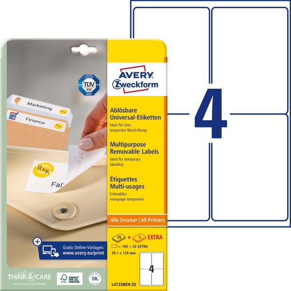 AVERY ZWECKFORM Universaletiketten 99,1x139mm L4733REV-25 weiss 120 Stk./25 + 5 Blatt