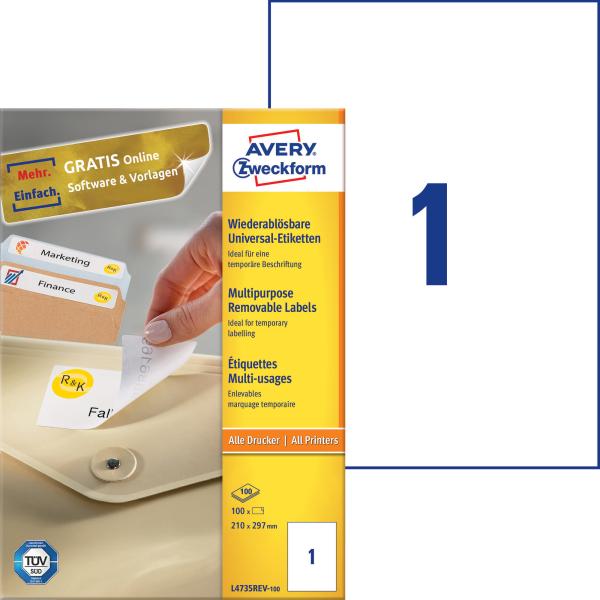 AVERY ZWECKFORM Universaletiketten 210x297mm L4735REV-100 weiss,non-perm. 100Stk./100Bl.