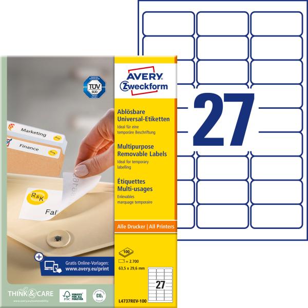 AVERY ZWECKFORM Universaletiketten 63,5x29,6mm L4737REV-100 weiss,non-perm. 2700Stk.100B.