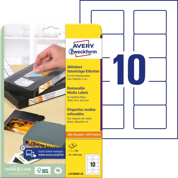 AVERY ZWECKFORM Disketten-Etiketten 70x50,8mm L4738REV-25 non-perm. 250 Stk./25 Bl.