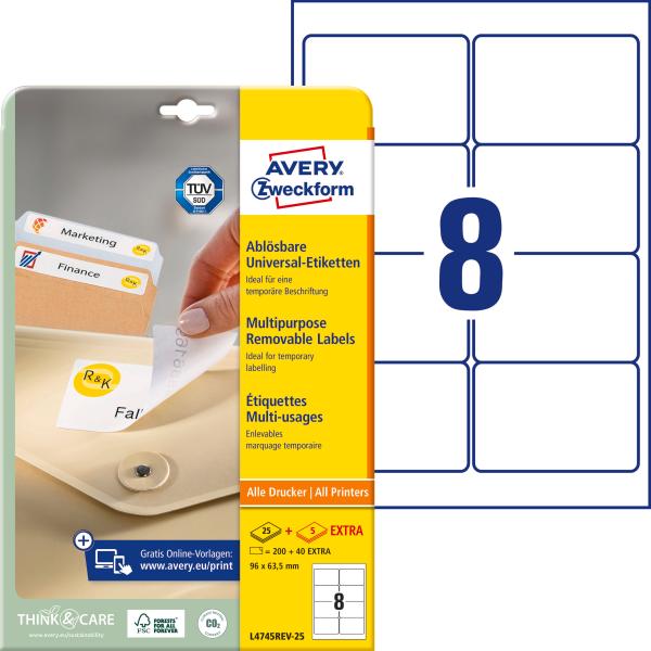 AVERY ZWECKFORM Universaletiketten 96,0x63,5mm L4745REV-25 weiss 240 Stk./25 + 5 Blatt