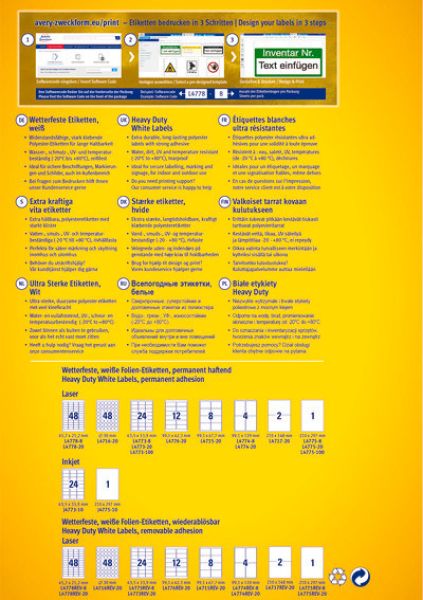 AVERY ZWECKFORM Etiketten Laser 45,7x21,2mm L47788 weiss, wetterfest 8 Blatt