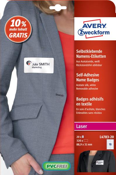 AVERY ZWECKFORM Namens-Etiketten 88,9x31mm L4783-20 weiss, Laser 20 Blatt