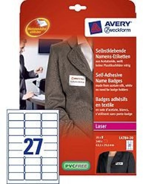 AVERY ZWECKFORM Namensetiketten 63.5x29.6mm L4784-20 Laser, weiss 20Bl./27Stk.