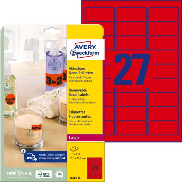 AVERY ZWECKFORM Etiketten 63,5x29,6mm L6003-25 rot,non-perm. 675 Stk./25 Bl.