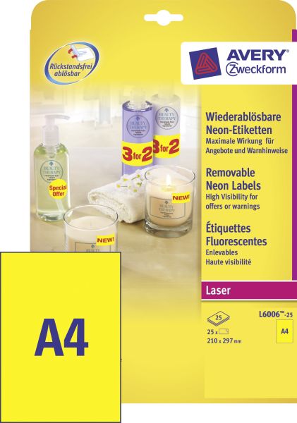 AVERY ZWECKFORM Etiketten 210x297mm L6006-25 gelb,non-perm. 25 Stk./25 Bl.