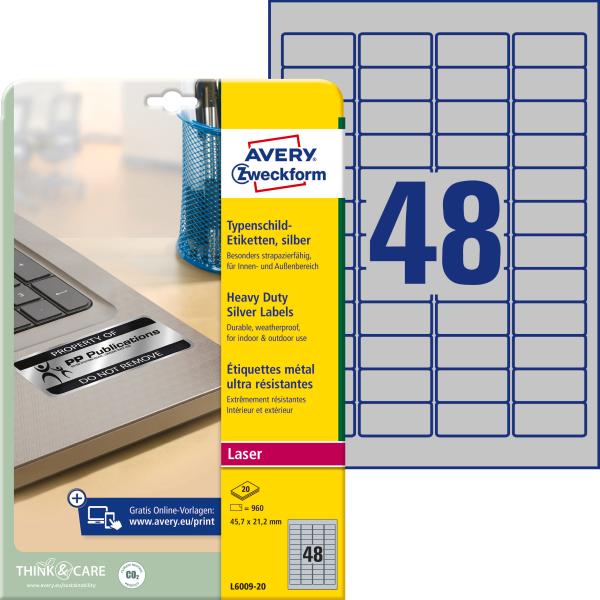 AVERY ZWECKFORM Typenschild-Etik. 45,7x21,2mm L6009-20 silber, Laser 960 St./20 Blatt