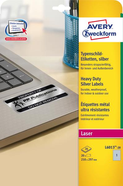 AVERY ZWECKFORM Typenschild-Etik. 210x297mm L6013-20 silber,Laser 20 St./20 Blatt