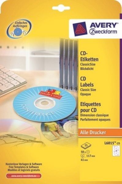 AVERY ZWECKFORM CD-Etiketten 117mm L6015-25 Universal, weiss 25Bl./2Stk.