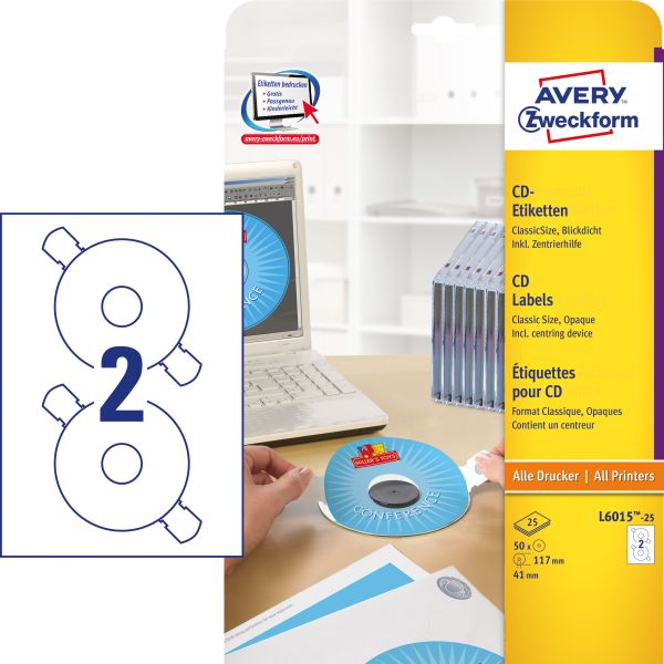 AVERY ZWECKFORM CD-Etiketten 117mm L6015-25 Universal, weiss 25Bl./2Stk.