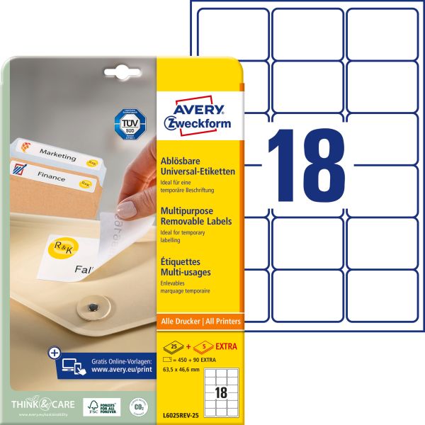 AVERY ZWECKFORM Etiketten 63,5×46,6mm L6025REV2 weiss 540 Stk./25 + 5 Blatt