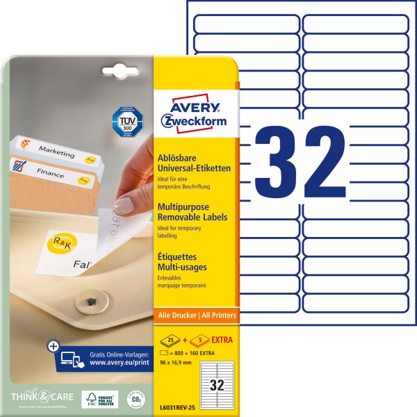 AVERY ZWECKFORM Etiketten 96x16,9mm L6031REV2 weiss 960 Stk./25 + 5 Blatt