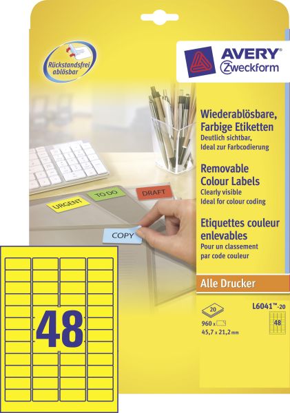 AVERY ZWECKFORM Etiketten 45,7x21,2mm L6041-20 gelb 960Stk./20Bl.