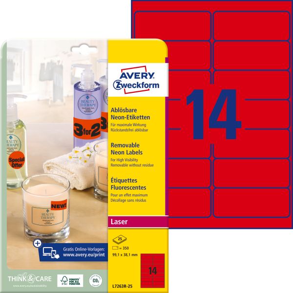 AVERY ZWECKFORM Etiketten 99,1x38,1mm L7263R-25 rot 350 Stück