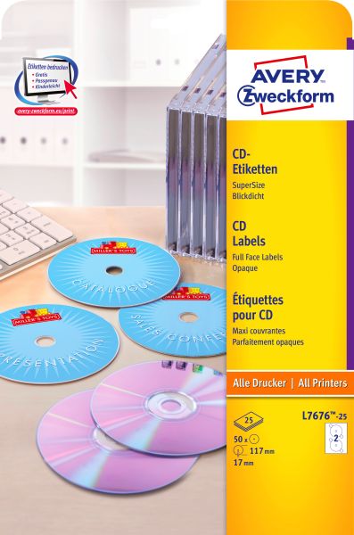 AVERY ZWECKFORM CD-Etiketten SuperSize 117mm L7676-25 weiss, permanent 25x2 Stk.