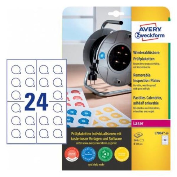 AVERY ZWECKFORM Prüfplaketten A4 , 30mm L7804-10 weiss, non-perm. 10 Bl.240Stk.