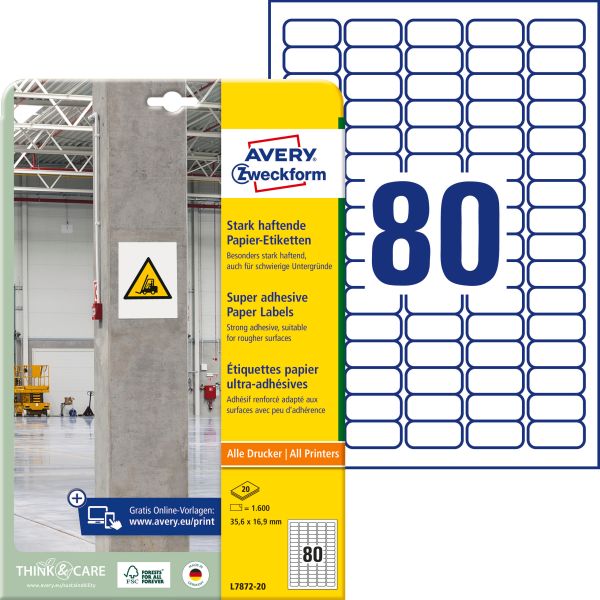 AVERY ZWECKFORM Etiketten Univ. 35.6x16.9mm L7872-20 weiss, stark haftend 20 Blatt