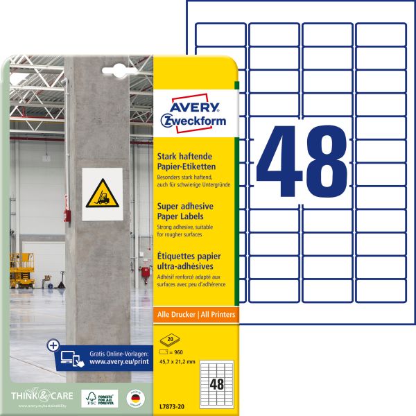 AVERY ZWECKFORM Etiketten Univ. 45.7x21.2mm L7873-20 weiss, stark haftend 20 Blatt