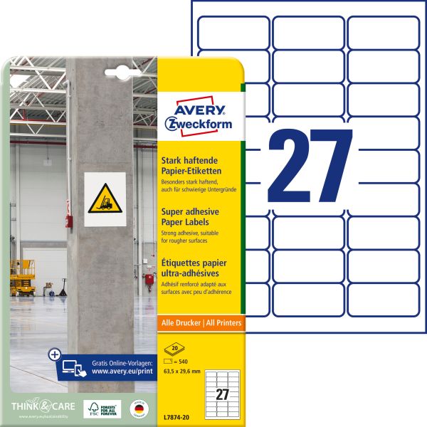 AVERY ZWECKFORM Etiketten Univ. 63.5x29.6mm L7874-20 weiss, stark haftend 20 Blatt